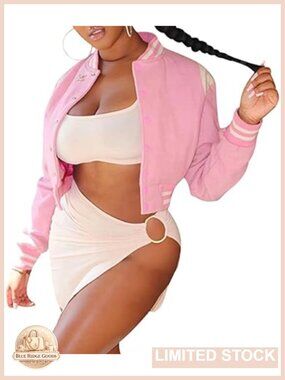 Women's Cropped Varsity Baseball Bomber Jacket Long Sleeve Snap Button